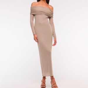 Abercrombie & Fitch Off‑Shoulder Maxi Dress in Taupe with Subtle Shine